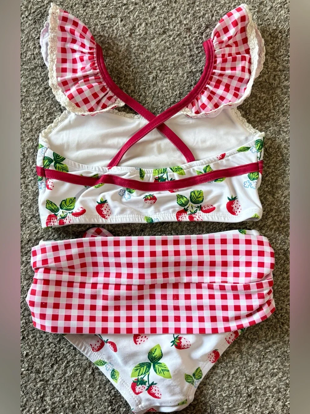 SweetHoney White Strawberry Print Bikini with Pink Gingham Bow